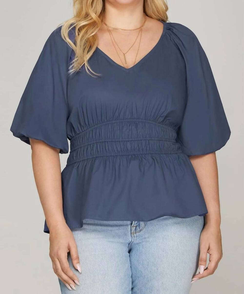 NEW SHE + SKY half bubble sleeve v-neck woven top in navy